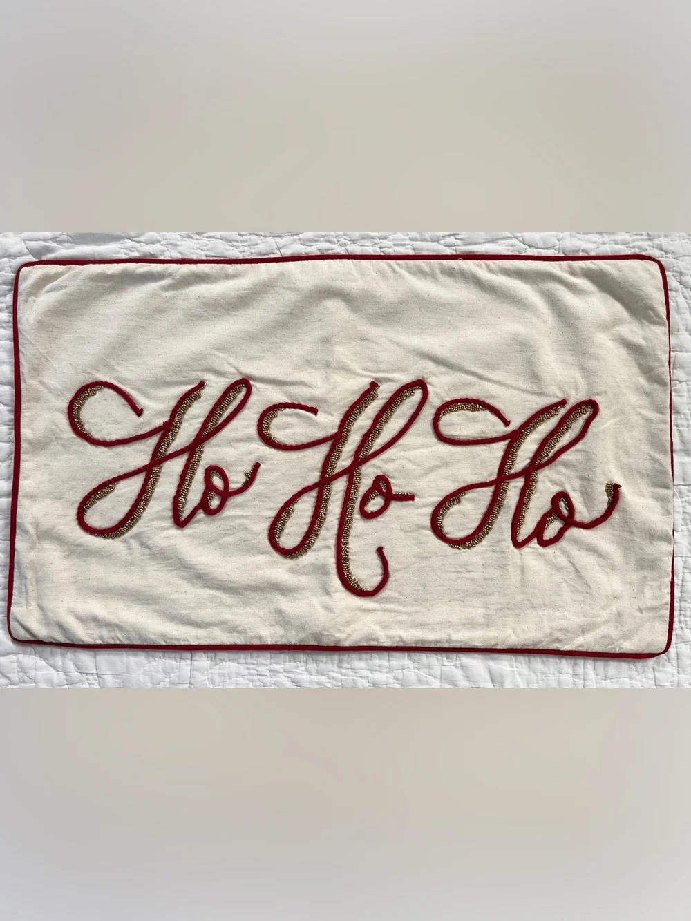 Pottery Barn Ho Ho Ho Christmas Pillow Cover Lumbar Linen Blend 16x26 Rope Beige